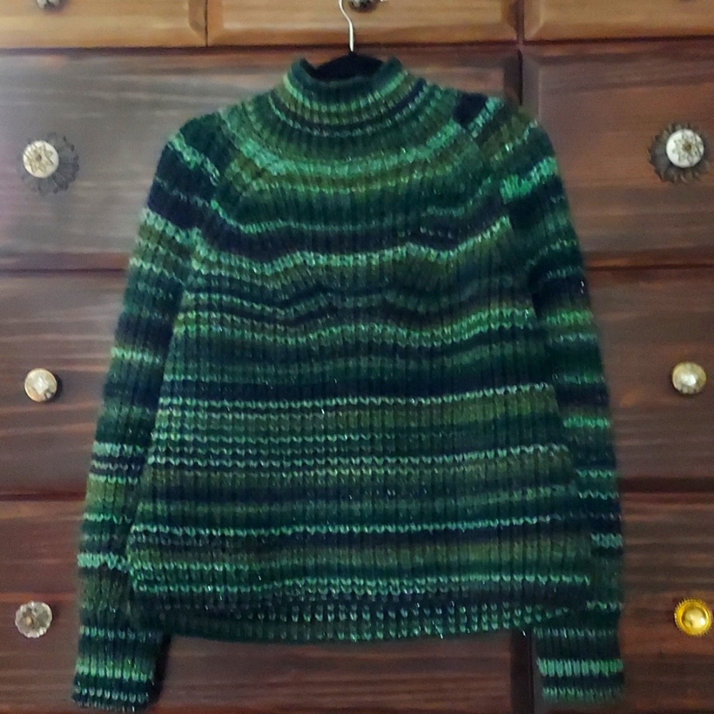 ANTHROPOLOGIE ANTIK BATIK GREEN KNIT SWEATER SHIMMERY LOOSE FIT SMALL